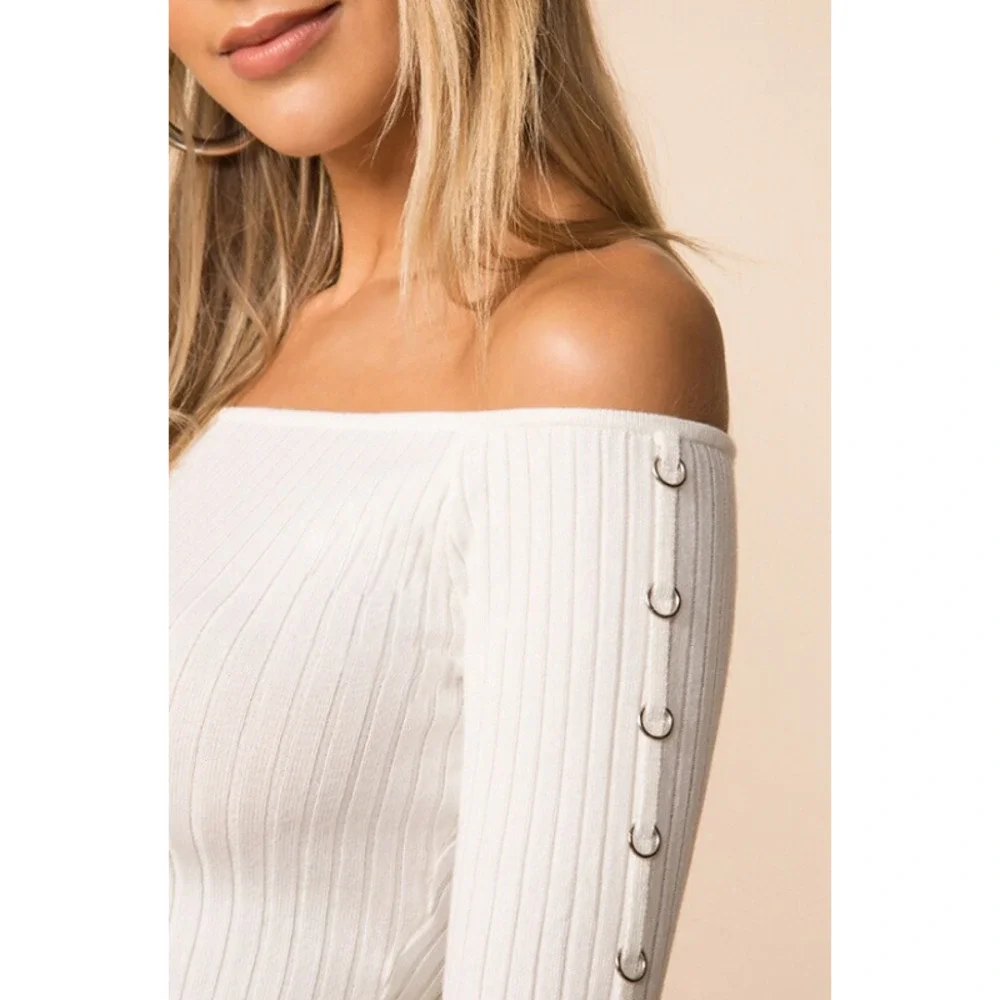 REVOLVE Superdown Tamina Off The Shoulder Top Metal Ring Sleeve Rib Knit Blouse